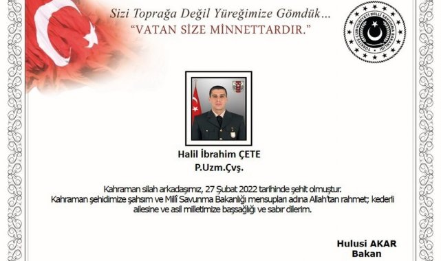 Pençe-Yıldırım Harekatı bölgesinde silah kazası sonucu bir uzman çavuş şehit oldu