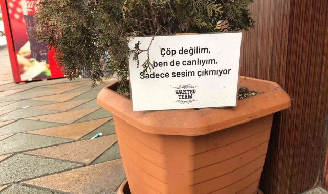 Saksılara atılan çöplere sitemli yazı