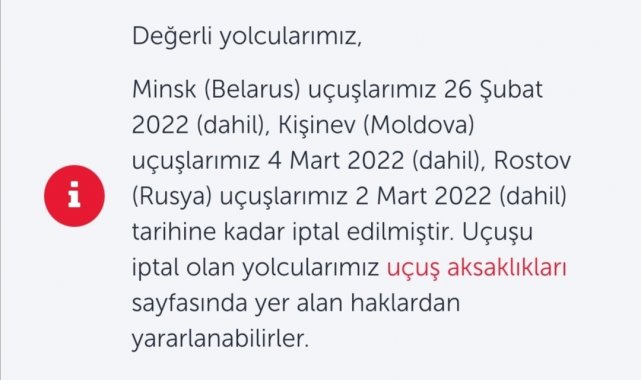 THY'nin Rostov, Minsk ve Kişinev seferleri iptal edildi
