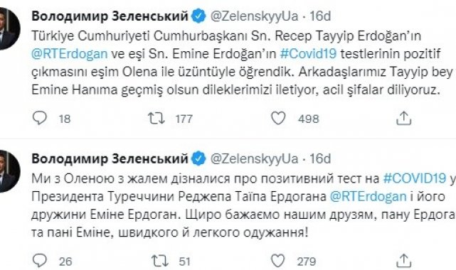 Ukrayna Devlet Başkanı Zelenskiy'den Cumhurbaşkanı Erdoğan'a "geçmiş olsun" mesajı