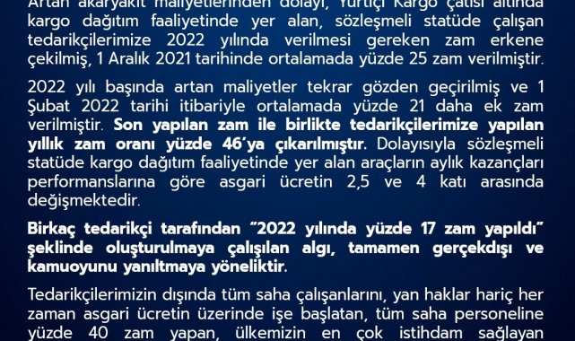 Yurtiçi Kargo'dan personele yapılan zamma ilişkin açıklama