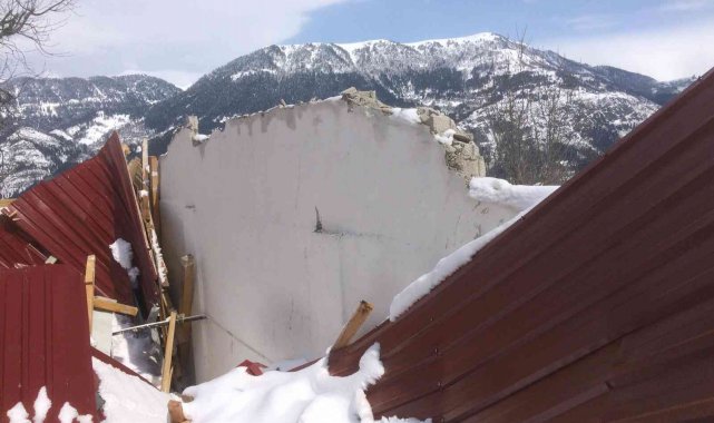 Artvin'de kar yağışı nedeniyle 5 besi ahırın çatısı çöktü