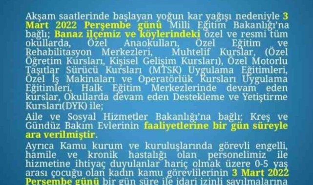 Banaz'da okullara kar tatili