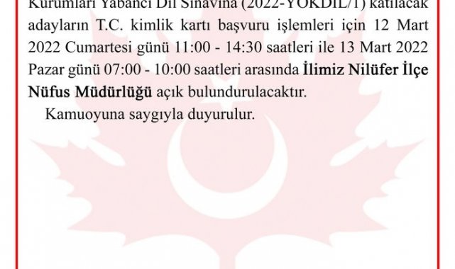 Bursa Valiliği duyurdu: Nilüfer İlçe Nüfus Müdürlüğü açık olacak