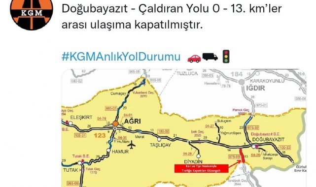 Çaldıran-Doğubayazit yolu ulaşıma kapatıldı