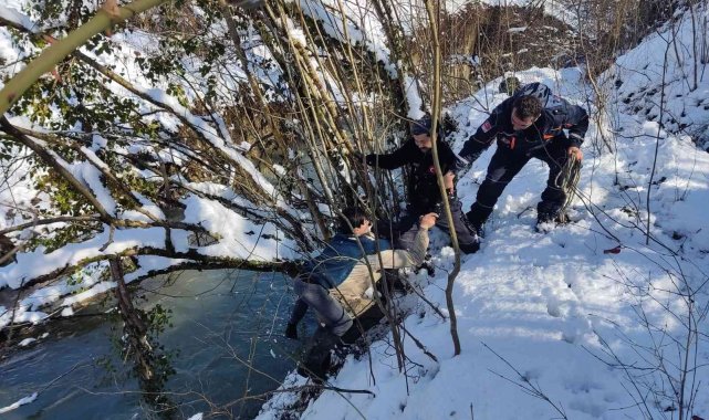 Dereye düşen köpeğini kurtarmak isterken boğulma tehlikesi geçirdi