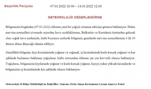 Samsun'a soğuk ve yağışlı hava geliyor: Sıcaklık 6 ile 10 derece düşecek