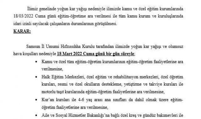 Samsun'da okullara kar tatili