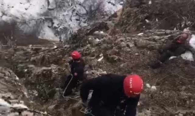 Uçuruma yuvarlanan keçi 6 saatte kurtarıldı