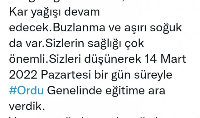 Vali Sonel duyurdu: Ordu genelinde eğitime bir gün ara verildi