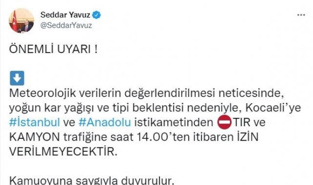 Vali Yavuz: "Tır ve kamyon trafiğine izin verilmeyecektir"