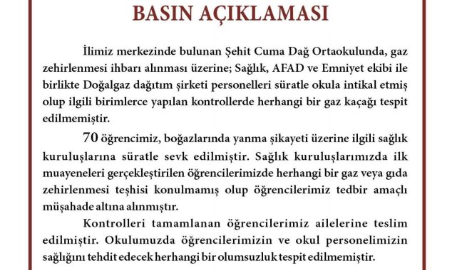 Valilikten açıklama: "Öğrencilerimize herhangi bir gaz veya gıda zehirlenme teşhisi konulmamıştır"