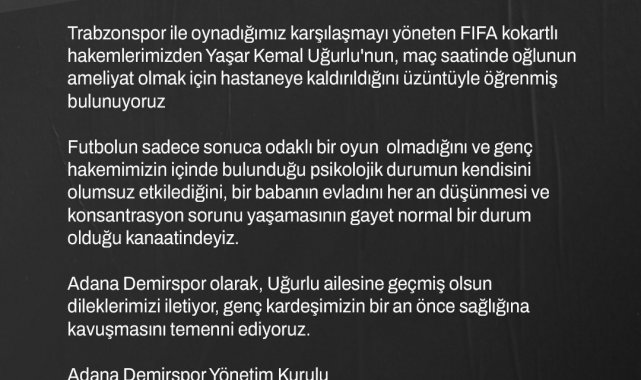 Adana Demirspor&#039;dan Yaşar Kemal Uğurlu açıklaması