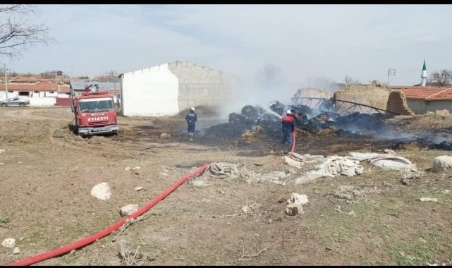Alevler 100'e yakın saman balyasını küle çevirdi