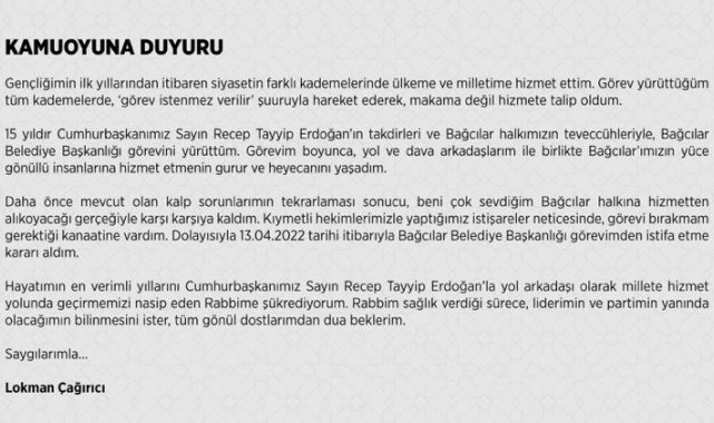 Bağcılar Belediye Başkanı Lokman Çağırıcı görevinden istifa ettiğini duyurdu