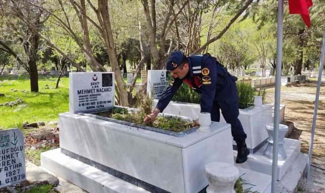 Jandarma şehitlikleri temizledi, bayrakları yeniledi