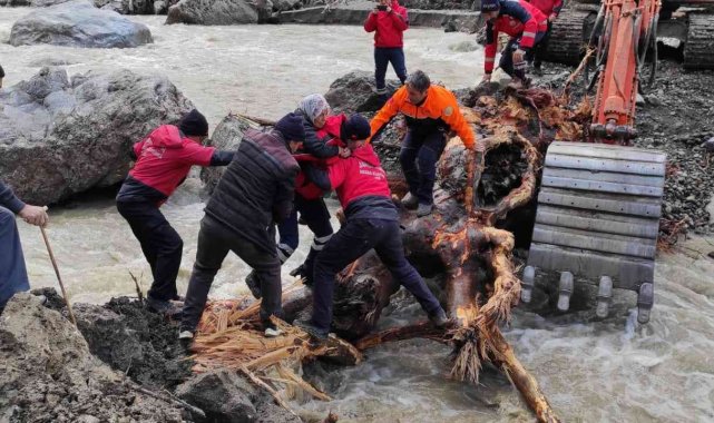 Köprüsü yıkılan köydeki hasta kadını sırtında taşıyarak kurtardılar