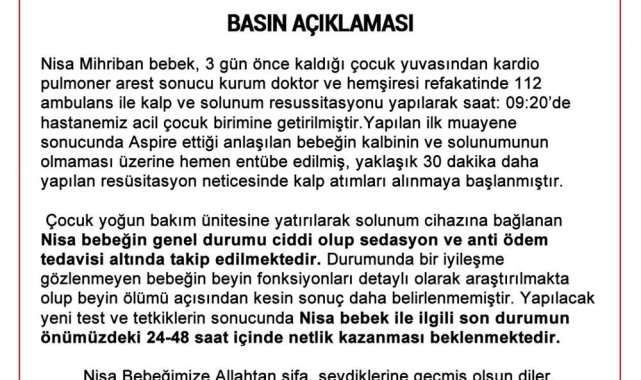 Nisa Mihriban bebeğin tedavi gördüğü hastaneden açıklama