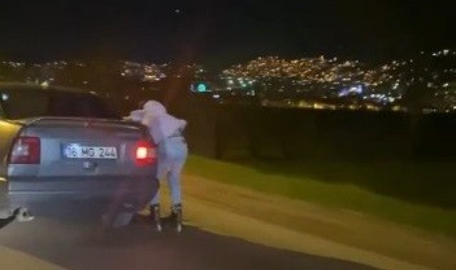 Patenli gencin tutunarak yolculuk yaptığı otomobil trafikten men edildi