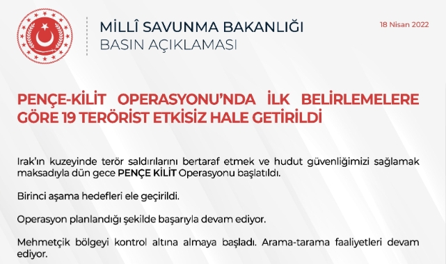 Pençe-Kilit Operasyonu&#039;nda 19 terörist etkisiz hale getirildi