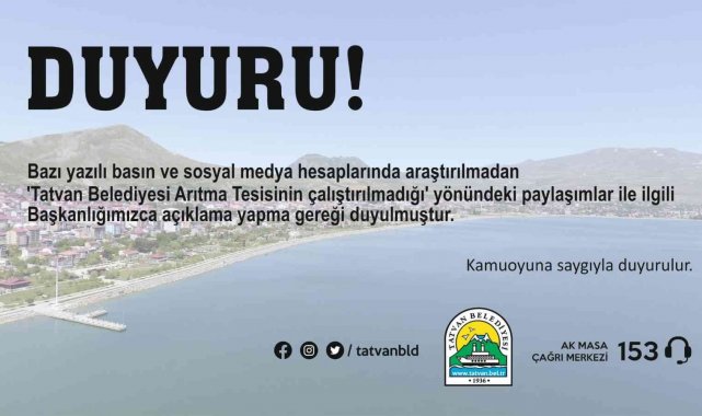 Tatvan Belediyesinden 'arıtma tesisinin çalıştırılmadığı' yönündeki iddialara ilişkin açıklama