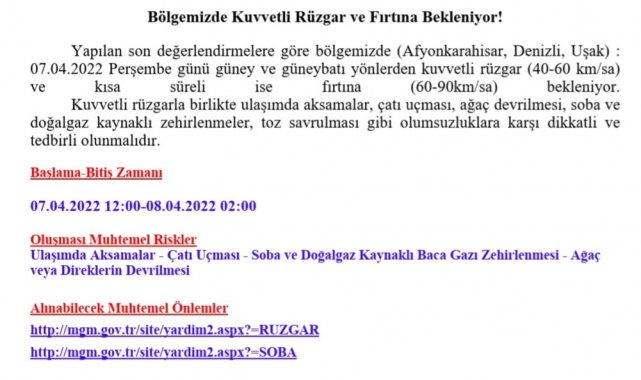 Uşak&#039;ta fırtına uyarısı