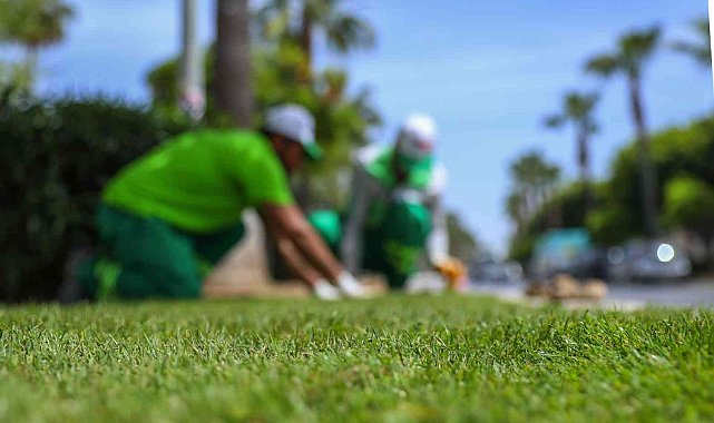 Adnan Menderes Bulvarındaki refüje rulo çim seriliyor
