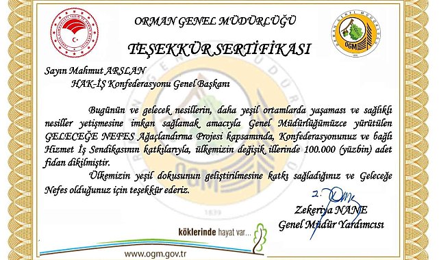 HAK-İŞ 100 bin fidanla geleceğe nefes oldu