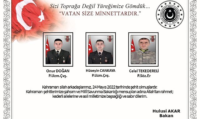 Milli Savunma Bakanı Akar'dan şehitler için taziye mesajı