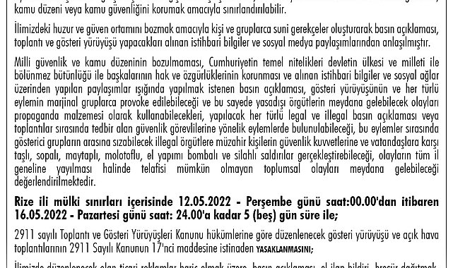 Rize'de 5 günlük yasaklama kararı