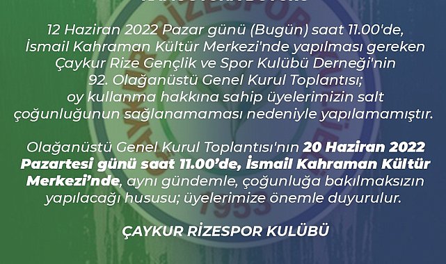 Çaykur Rizespor'da Seçimli Olağan Genel Kurul ertelendi