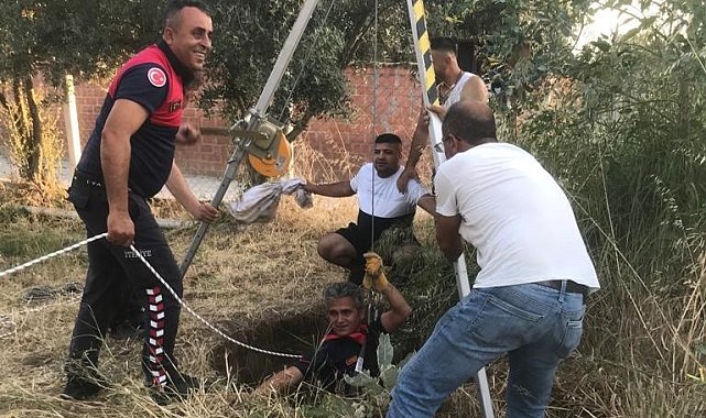 Germencik'te kuyuya düşen kedinin imdadına itfaiye ekipleri yetişti