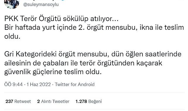 İçişleri Bakanı Soylu: "Gri kategorideki örgüt mensubu teslim oldu"