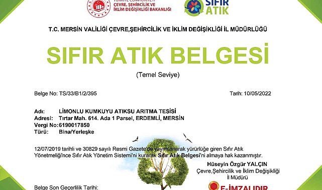 MESKİ Limonlu-Kumkuyu Atıksu Arıtma Tesisine 'Sıfır Atık Belgesi' verildi