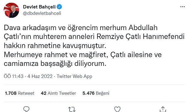 MHP lideri Bahçeli'den, Remziye Çatlı'nın vefatı dolayısıyla başsağlığı mesajı