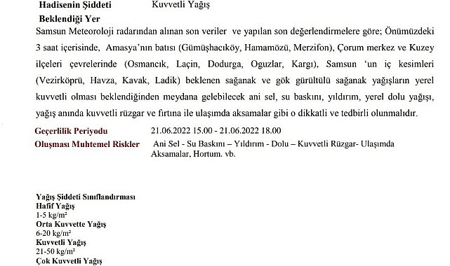 Orta Karadeniz için kuvvetli yağış uyarısı