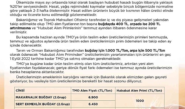 TMO hububat alım fiyatları güncellendi