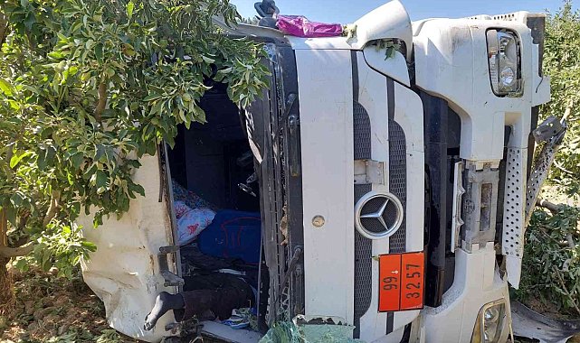 Yoldan çıkan tır meyve bahçesine devrildi, sürücü hayatını kaybetti