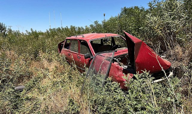 Trafik işareti levhasına çarpan otomobil şarampole devrildi