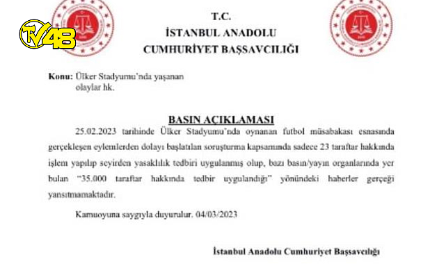 Başsavcılık, 35 bin Fenerbahçe taraftarı hakkında işlem uygulandığı iddialarını yalanladı: 23 taraftar seyirden men edildi