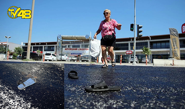 SICAK HAVA  ASFALTI ERİTTİ TERLİKLER YOLA YAPIŞTI