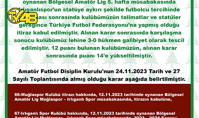TFF MUĞLASPOR&#039;U IRLIGANLISPOR MAÇINDAN DOLAYI HÜKMEN GALİP İLAN ETTİ