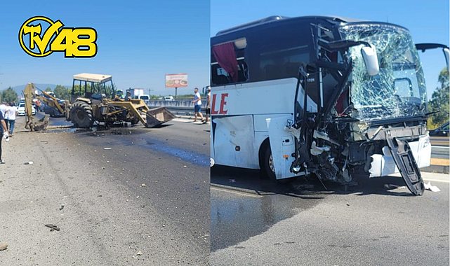 SÖKE-MİLAS KARAYOLU&#039;NDA FECİ KAZA: YOLCU OTOBÜSÜ İLE İŞ MAKİNASI KAFA KAFAYA ÇARPIŞTI, ÇOK SAYIDA YARALI VAR