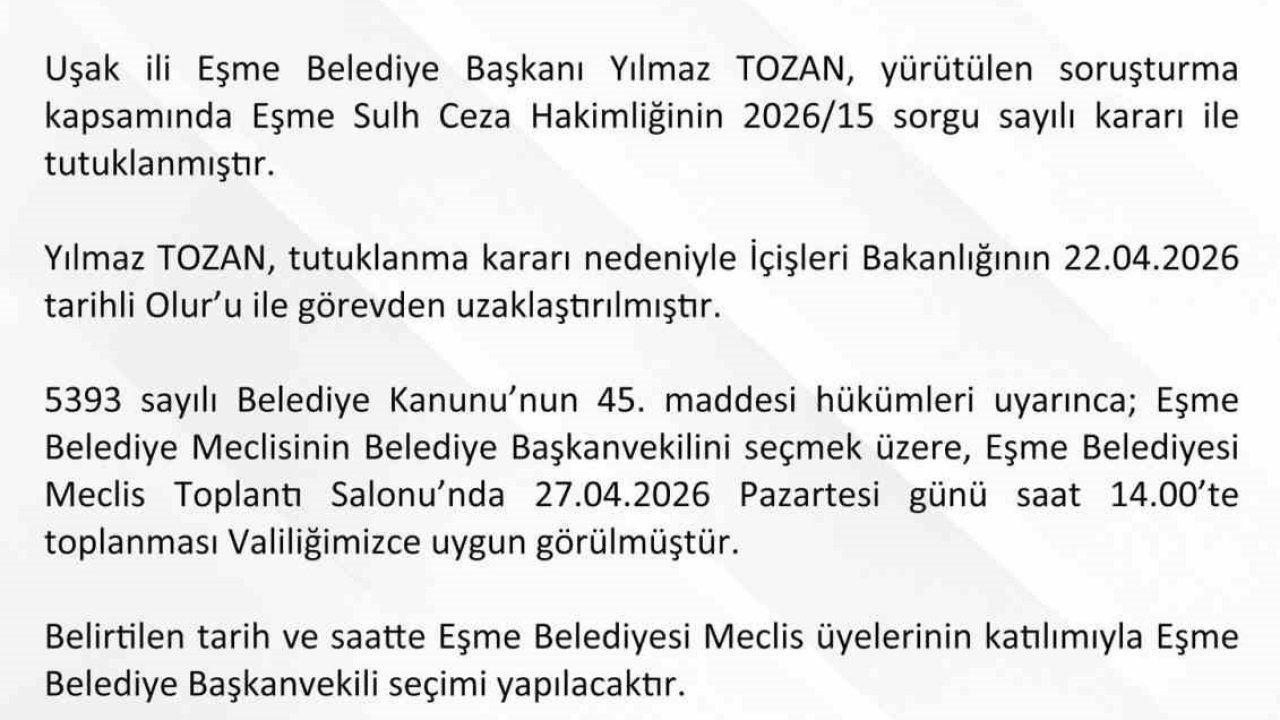 Eşme Belediye Başkanvekili 27 Nisan’da belirlenecek