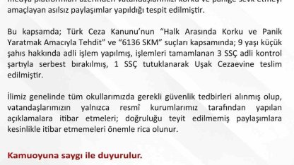 Uşak’ta asılsız paylaşımlara yönelik 1 şüpheli tutuklandı